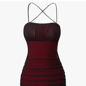 Red and Black Strappy Mesh Bodycon Dress